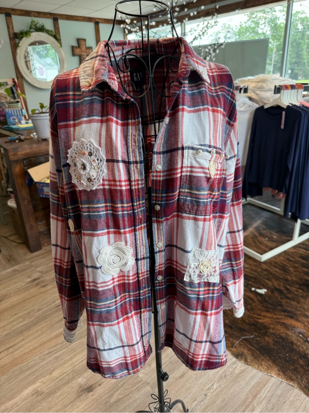 GAP Red and White Plaid Button-Up Shirt with Crochet Appliqués